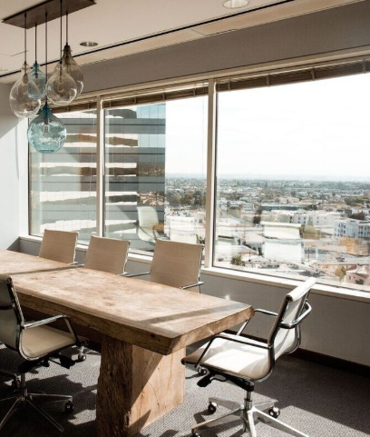 Corporate office with clean windows overlooking the city.